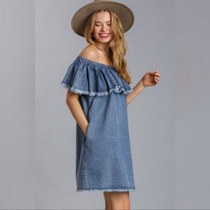 Umgee Off The Shoulder Raw Hem Denim Dress
